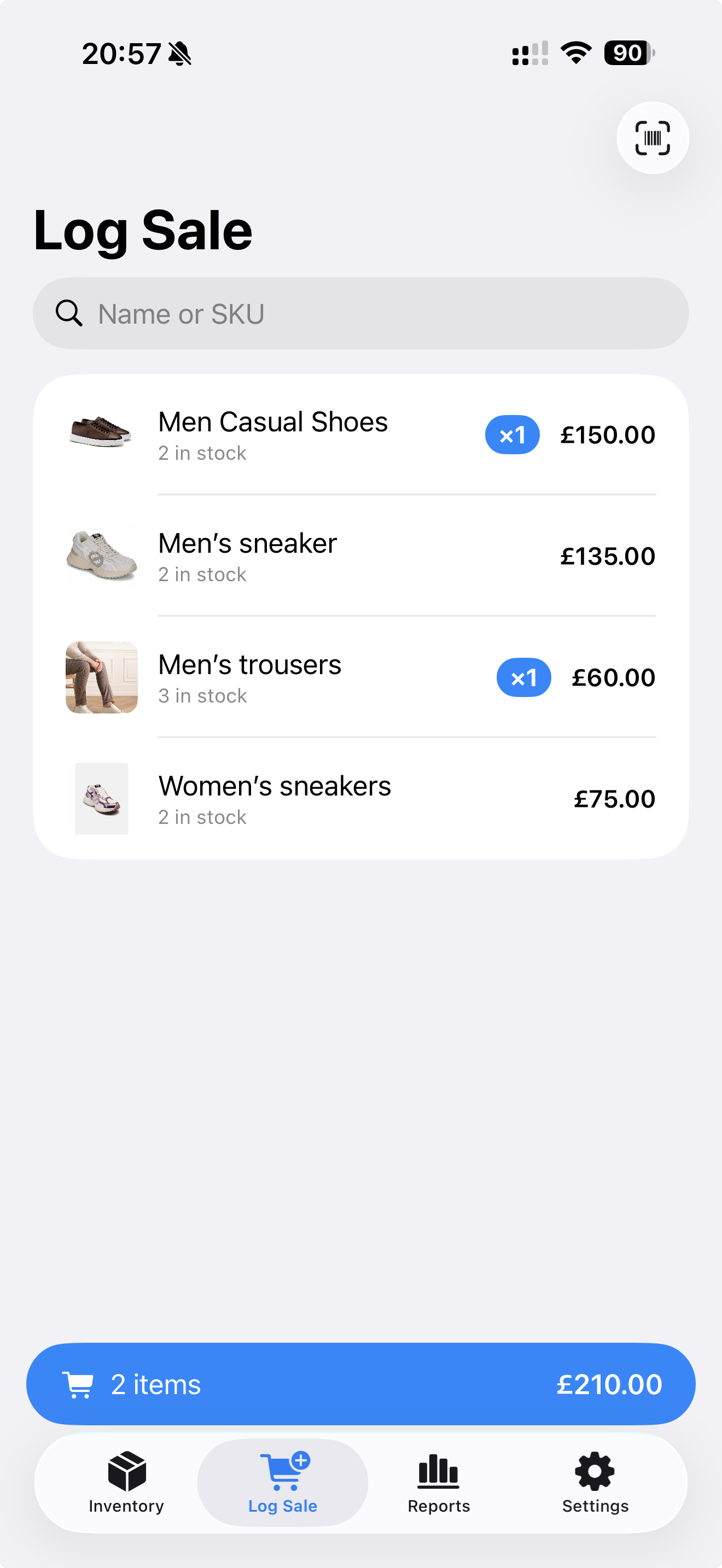Sidestock one-tap sale logging screen for craft fair and market sellers